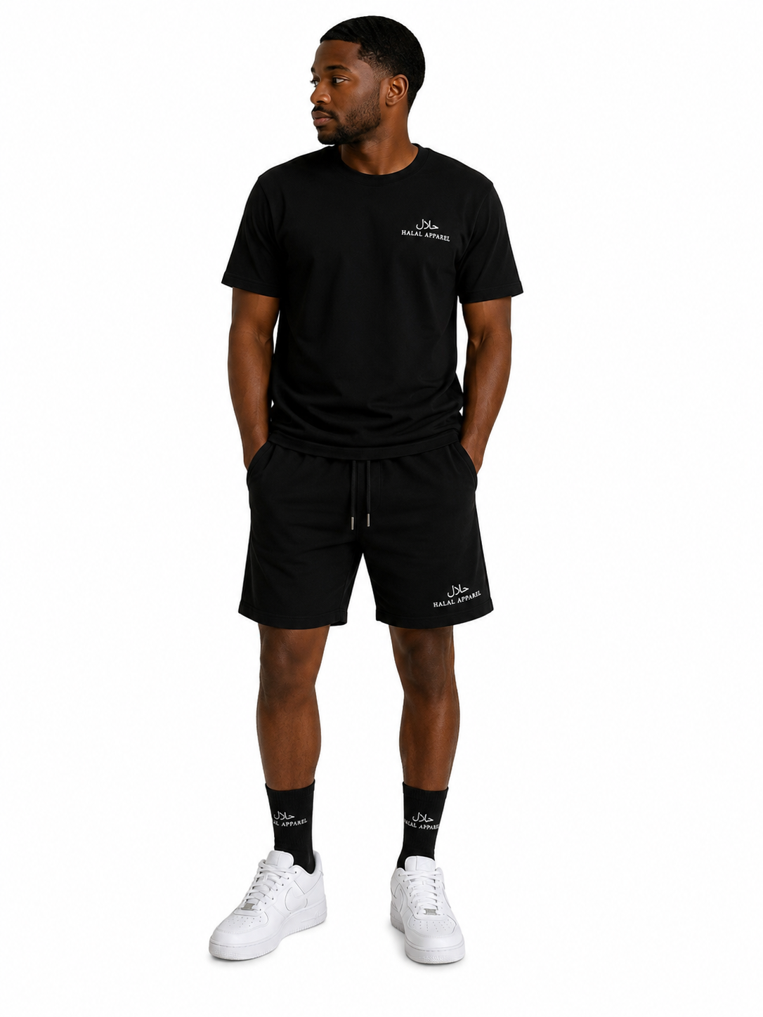 Black embroidered short set